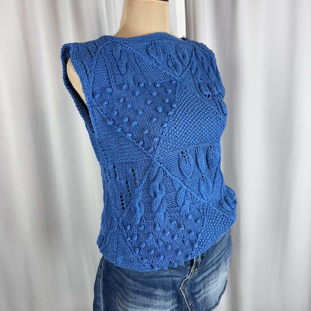 DEANS of Scotland Blue Textured Knit Sweater Vest Women Small Cotton Cottagecore